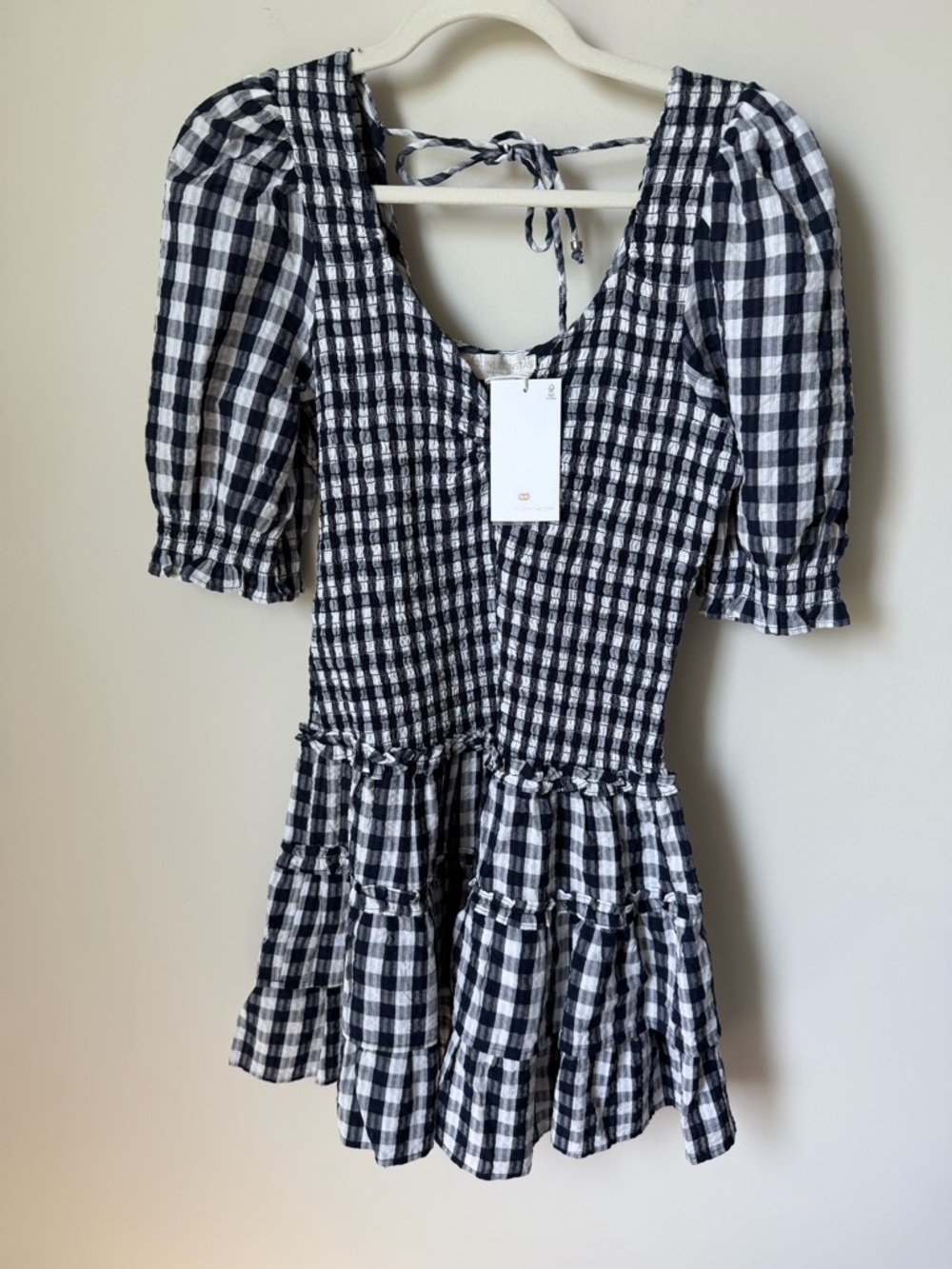 Caroline Constas Navy & White Gingham Smocked Mini Dress